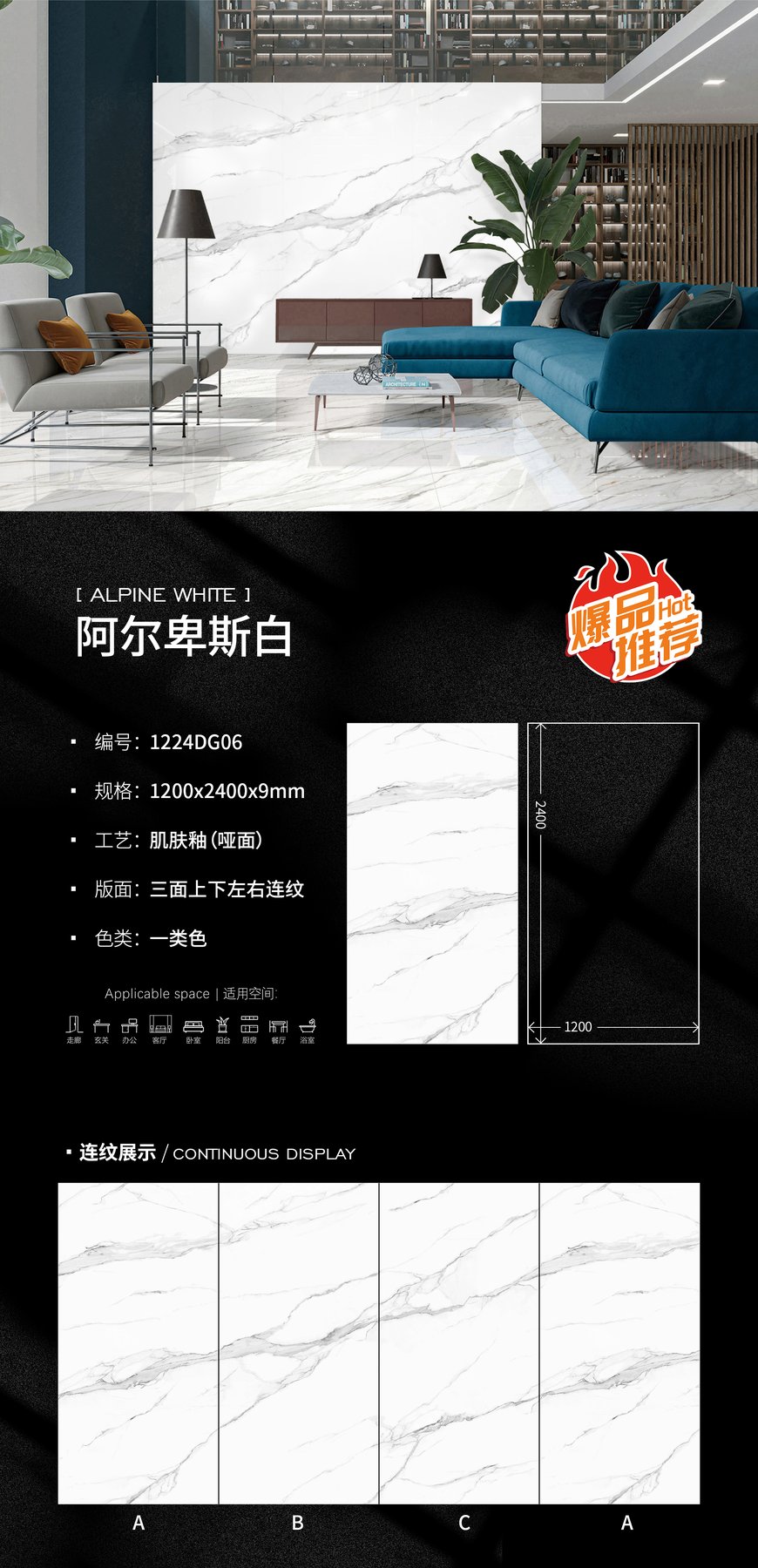1224DG06 · 1200×2400 mm · 9 mm · Matte sintered stone