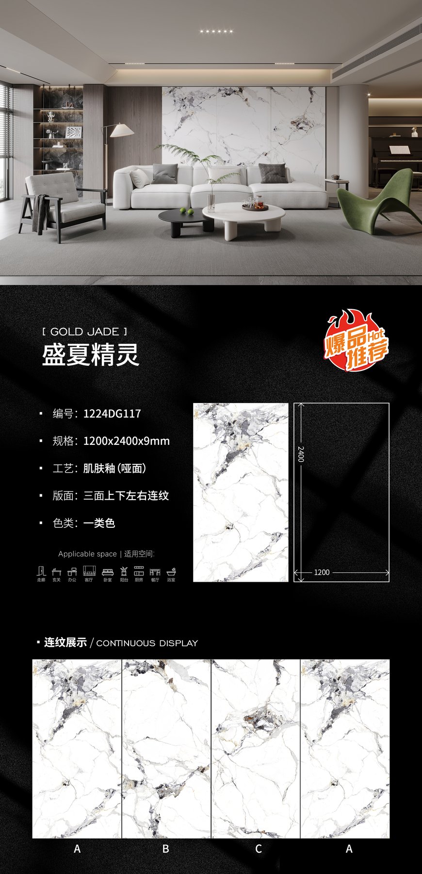 1224DG117 · 1200×2400 mm · 9 mm · Matte sintered stone
