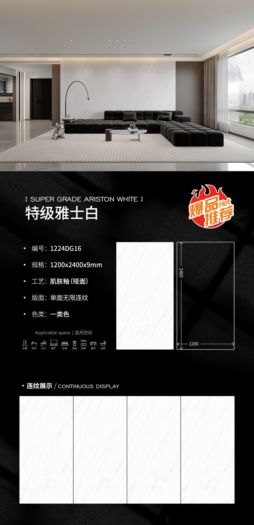 1224DG16 · 1200×2400 mm · 9 mm · Matte sintered stone
