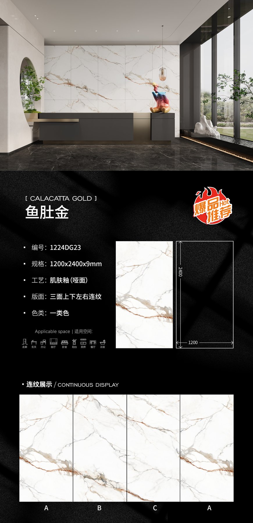 1224DG23 · 1200×2400 mm · 9 mm · Matte sintered stone