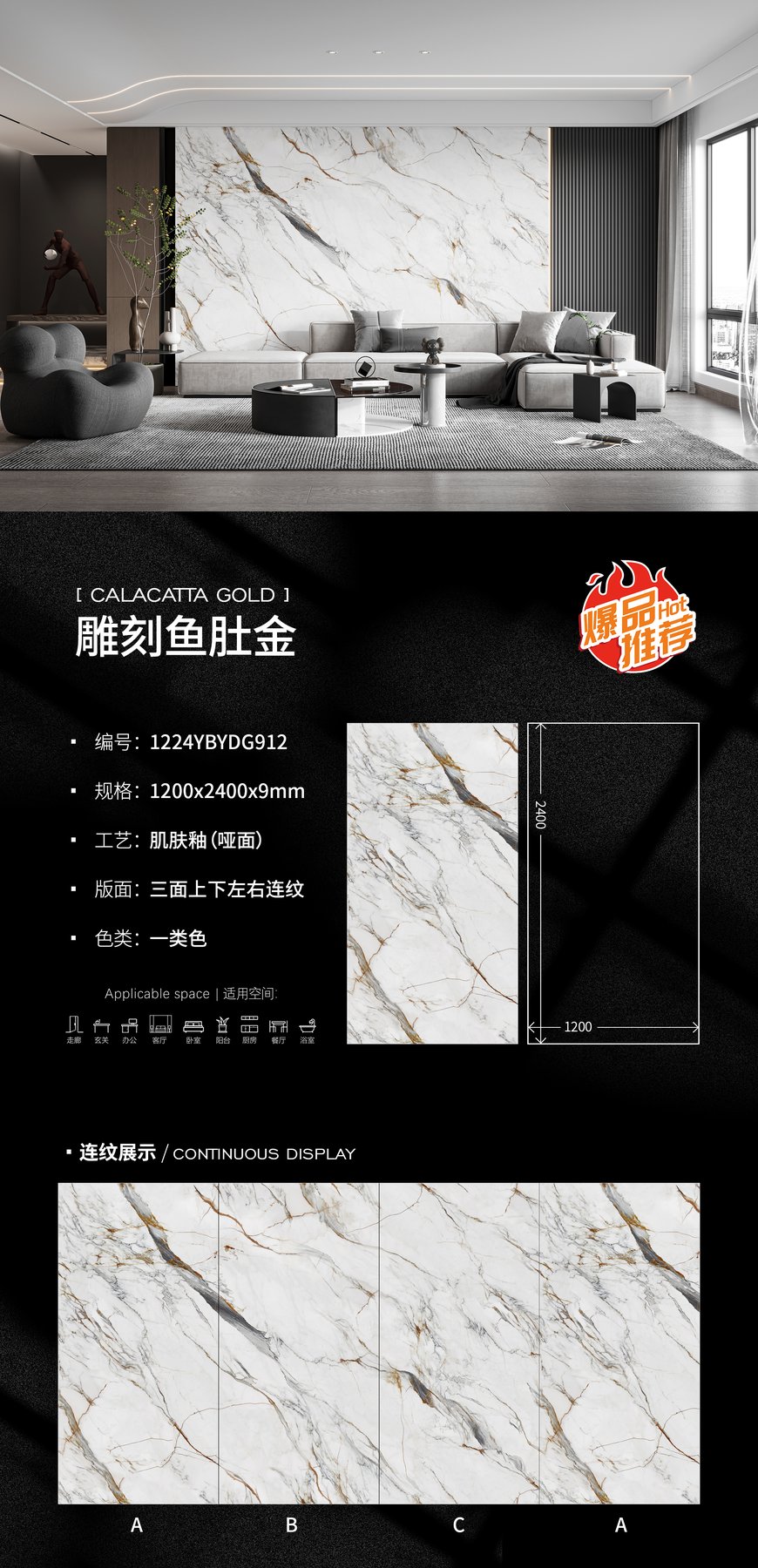 1224YBYDG912 · 1200×2400 mm · 9 mm · Matte sintered stone