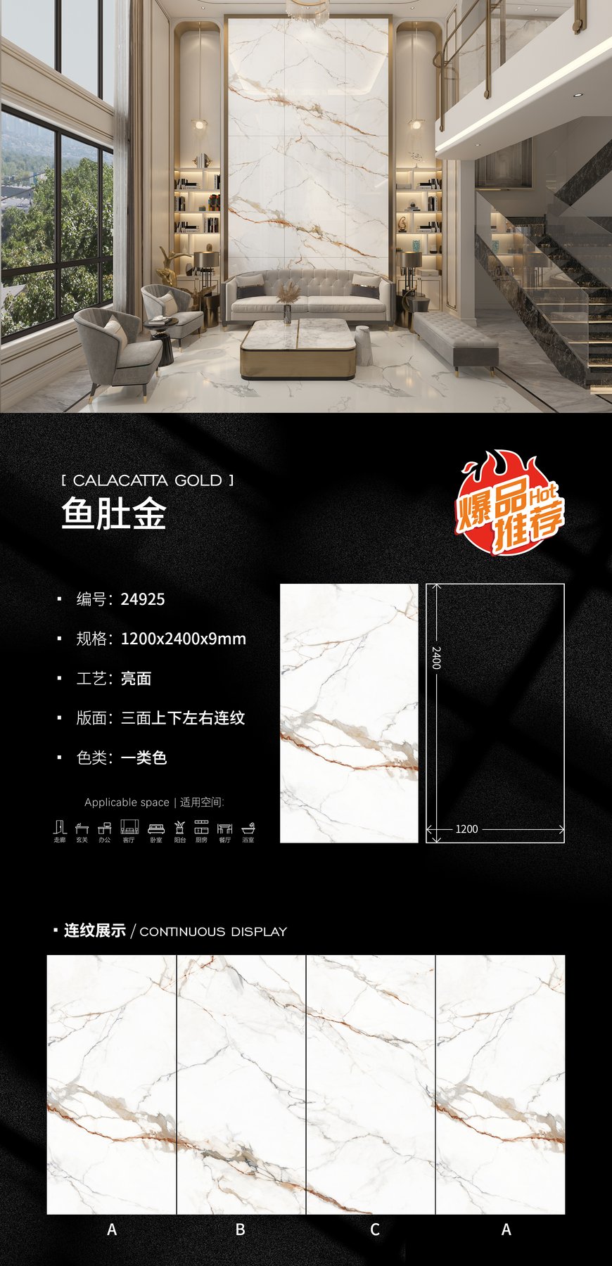 24925 · 1200×2400 mm · 9 mm · Glossy sintered stone