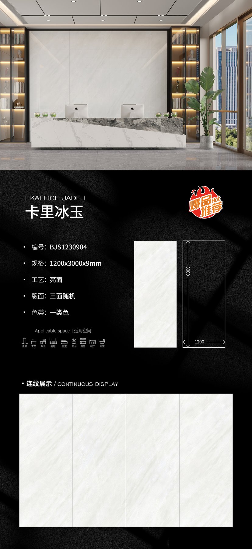 BJS1230904 · 1200×3000 mm · 9 mm · Glossy sintered stone