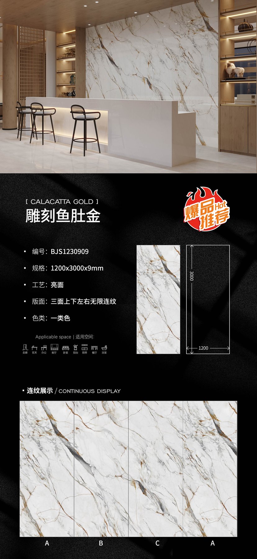 BJS1230909 · 1200×3000 mm · 9 mm · Glossy sintered stone