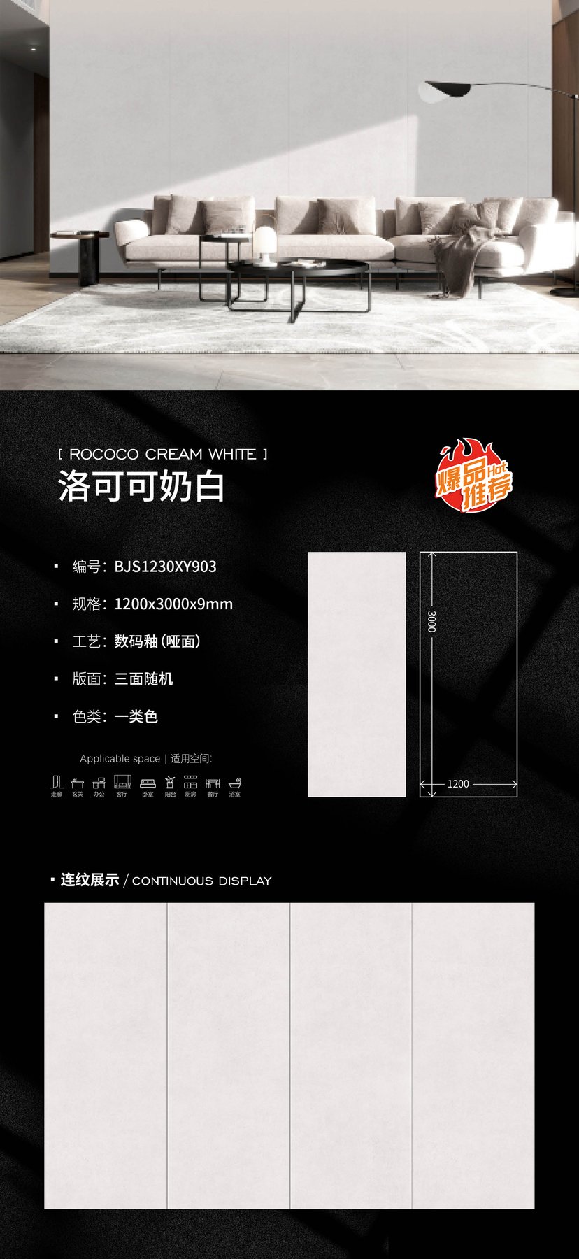 BJS1230XY903 · 1200×3000 mm · 9 mm · Matte sintered stone