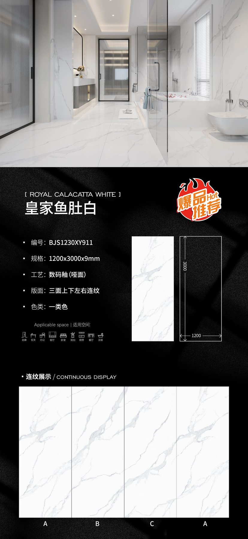 BJS1230XY911 · 1200×3000 mm · 9 mm · Matte sintered stone