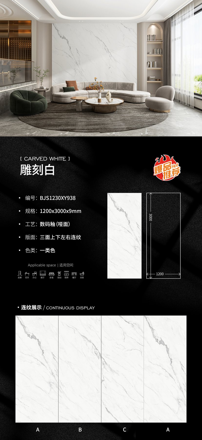 BJS1230XY938 · 1200×3000 mm · 9 mm · Matte sintered stone