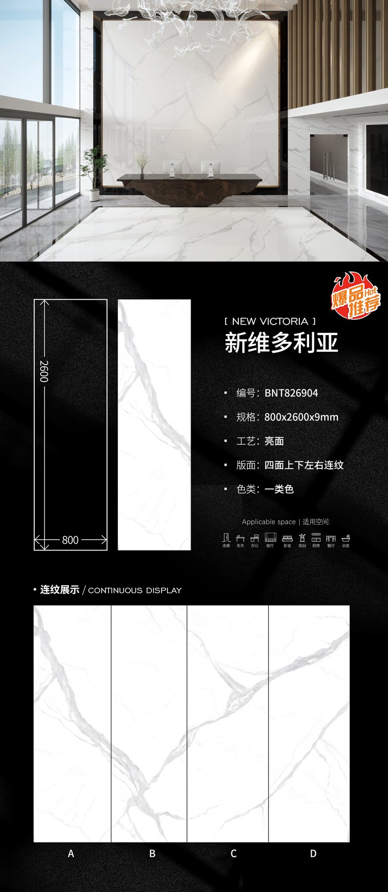 BNT826904 · 800×2600 mm · 9 mm · Glossy sintered stone