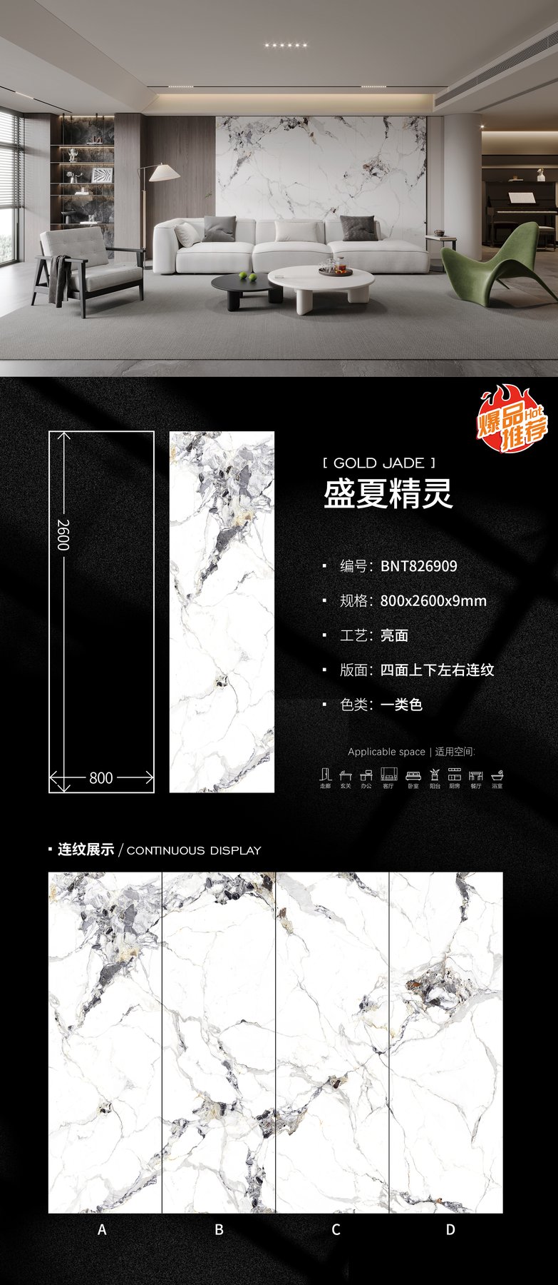 BNT826909 · 800×2600 mm · 9 mm · Glossy sintered stone