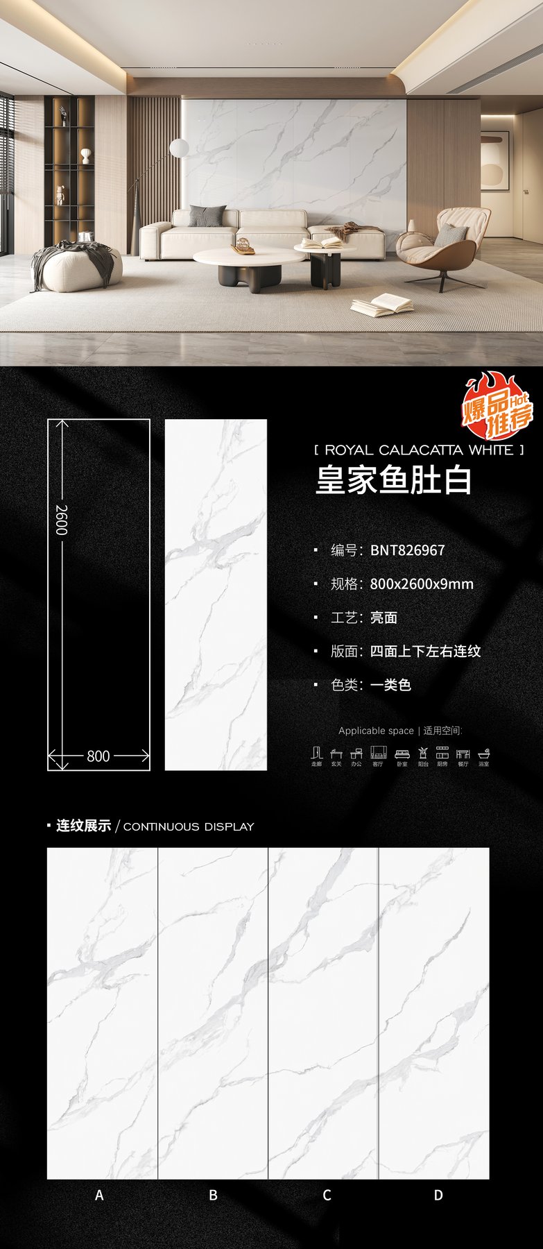 BNT826967 · 800×2600 mm · 9 mm · Glossy sintered stone