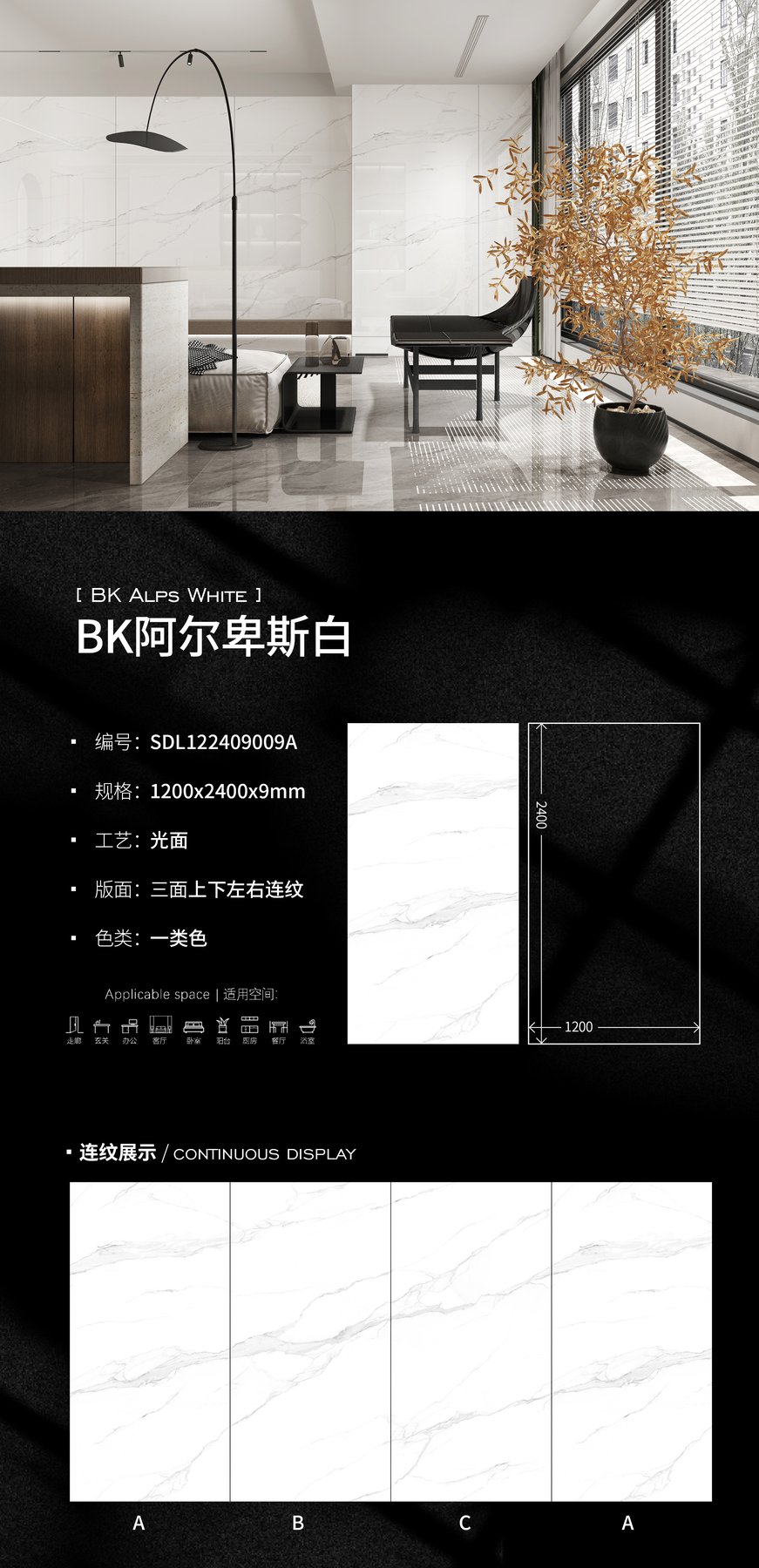 SDL122409009A · 1200×2400 mm · 9 mm · Glossy sintered stone