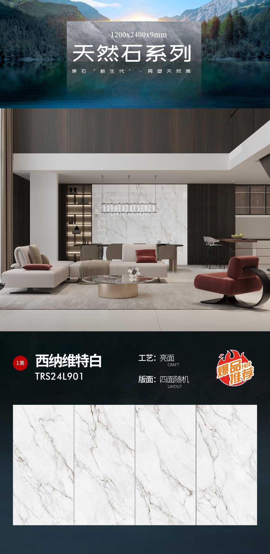 TRS24L901 · 1200×2400 mm · 9 mm · Glossy sintered stone