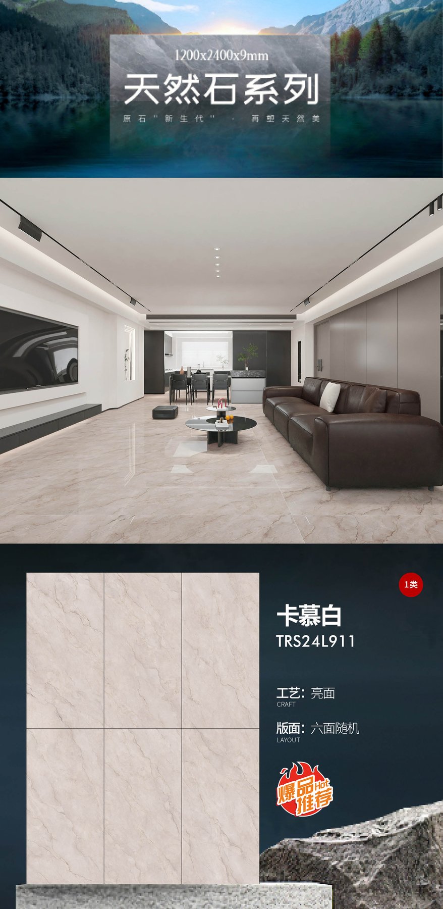 TRS24L911 · 1200×2400 mm · 9 mm · Glossy sintered stone